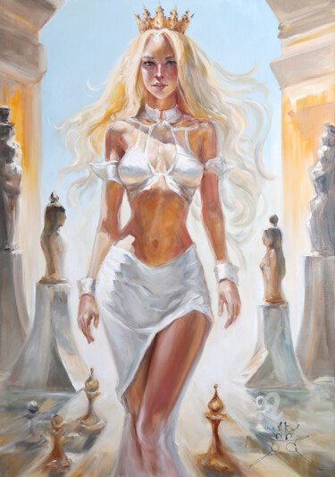 Painting titled "WHITE QUEEN" by Nikolay Kharitonov, Original Artwork, Oil Mounted on Wood Stretcher frame