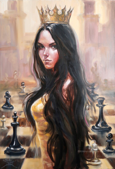 Painting titled "CHESS QUEEN" by Nikolay Kharitonov, Original Artwork, Oil Mounted on Wood Stretcher frame