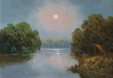 Peinture intitulée "Hut on the river" par Nikolay Lyamin, Œuvre d'art originale, Huile