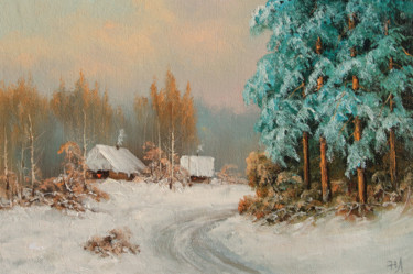 Painting titled "Winter road covered…" by Nikolay Lyamin, Original Artwork, Oil