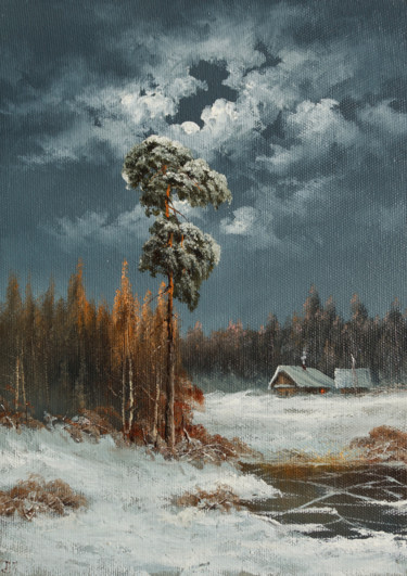 Painting titled "Moonlit night, wint…" by Nikolay Lyamin, Original Artwork, Oil