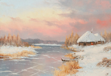 Painting titled "Winter river, boat.…" by Nikolay Lyamin, Original Artwork, Oil