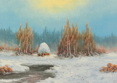 Schilderij getiteld "Winter, haystack" door Nikolay Lyamin, Origineel Kunstwerk, Olie