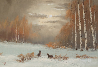 Schilderij getiteld "Hares. Winter Night" door Nikolay Lyamin, Origineel Kunstwerk, Olie