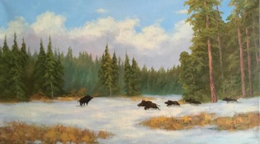 Schilderij getiteld "Boars" door Nikolay Lyamin, Origineel Kunstwerk, Olie
