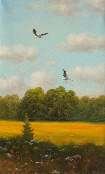 Painting titled "Storks" by Nikolay Lyamin, Original Artwork, Oil