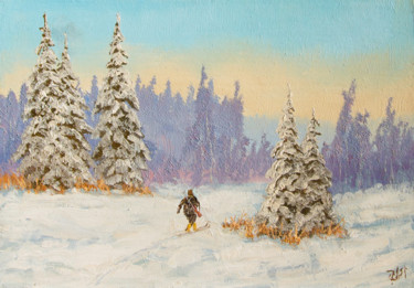 Peinture intitulée "Winter Ski Hunt" par Nikolay Lyamin, Œuvre d'art originale, Huile