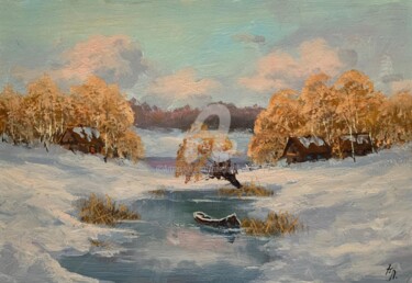 Painting titled "Frozen Boat near th…" by Nikolay Lyamin, Original Artwork, Oil