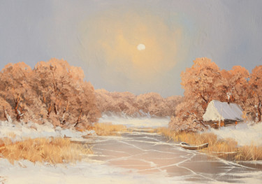 Painting titled "Frozen river" by Nikolay Lyamin, Original Artwork, Oil