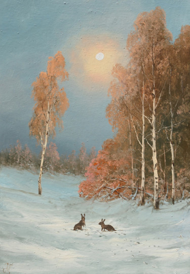 Painting titled "Hares" by Nikolay Lyamin, Original Artwork, Oil