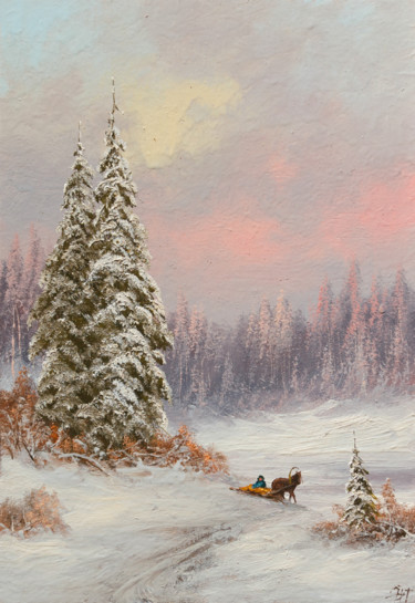 Painting titled "Winter, horse" by Nikolay Lyamin, Original Artwork, Oil