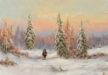 Schilderij getiteld "Winter, Hunter" door Nikolay Lyamin, Origineel Kunstwerk, Olie