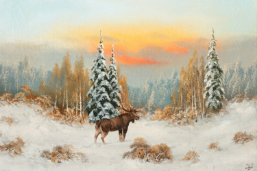 Painting titled "Winter forest. Elk" by Nikolay Lyamin, Original Artwork, Oil