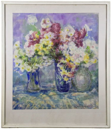 Painting titled "Floral Still Life,…" by Nikolay Nechvoglod, Original Artwork, Watercolor Mounted on Glass