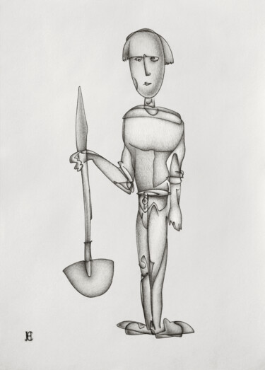 Drawing titled "Man with a Shovel" by Nikolay Starostenko, Original Artwork, Pencil