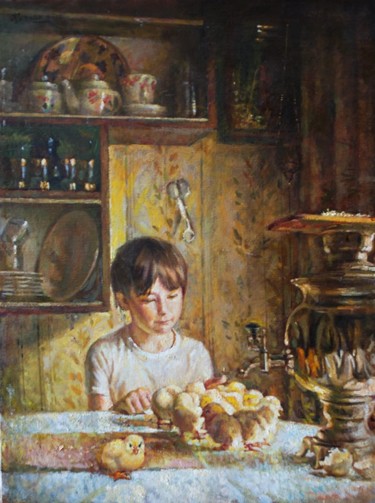 Painting titled "Morning. Chickens" by Nikolay Klyagin, Original Artwork, Oil