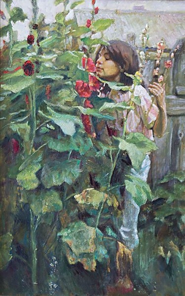 Painting titled "Grandmother's Flowe…" by Nikolay Klyagin, Original Artwork, Oil
