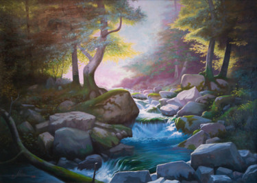 Картина под названием "Ручей в лесу" - Nikolay Shallow, Подлинное произведение искусства, Масло
