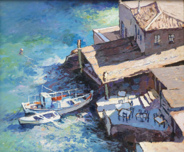 Painting titled "Tavern in Corfu" by Nikoletta Király, Original Artwork, Oil
