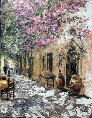 Pintura titulada "Street on Crete isl…" por Nikoletta Király, Obra de arte original, Oleo Montado en Panel de madera