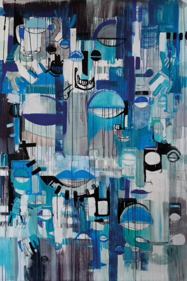 Schilderij getiteld "Foule bleue" door Nikonografik, Origineel Kunstwerk, Acryl