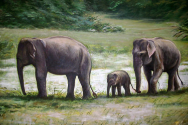 Painting titled "Family Trip" by Nilantha Vidanarachchi, Original Artwork, Oil Mounted on Wood Stretcher frame