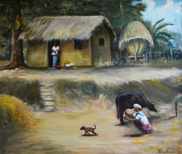 Pittura intitolato "Daily Chores" da Nilantha Vidanarachchi, Opera d'arte originale, Olio Montato su Telaio per barella in l…