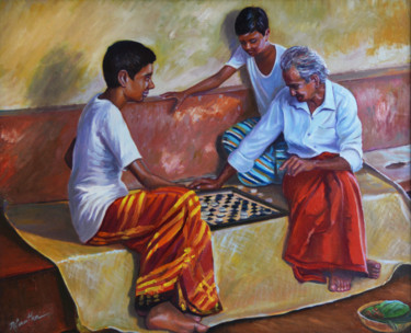 Peinture intitulée "Young vs. Old" par Nilantha Vidanarachchi, Œuvre d'art originale, Huile Monté sur Châssis en bois