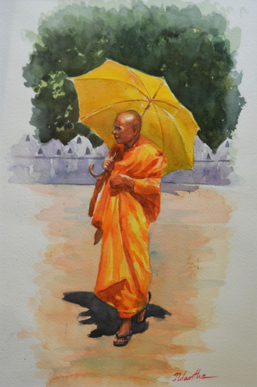 Painting titled "Elder of the Temple" by Nilantha Vidanarachchi, Original Artwork, Oil Mounted on Wood Stretcher frame