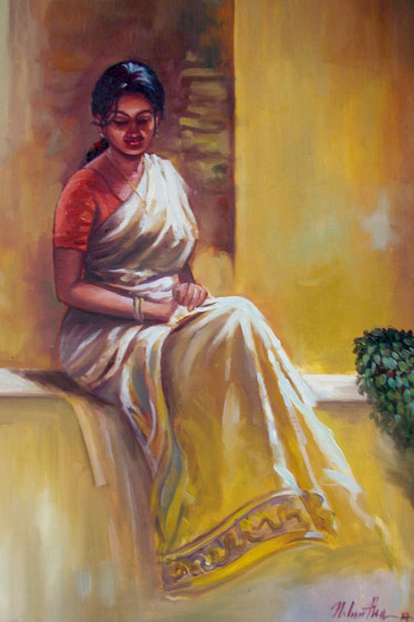 Painting titled "Lonely Prayer" by Nilantha Vidanarachchi, Original Artwork, Oil Mounted on Wood Stretcher frame