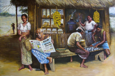 Painting titled "Relaxed Afternoon" by Nilantha Vidanarachchi, Original Artwork, Oil Mounted on Wood Stretcher frame