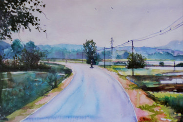 Painting titled "Country Roads" by Nilantha Vidanarachchi, Original Artwork, Oil Mounted on Wood Stretcher frame