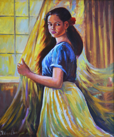 Painting titled "Lost in Thought" by Nilantha Vidanarachchi, Original Artwork, Oil Mounted on Wood Stretcher frame