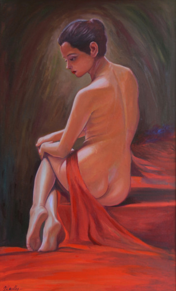 Painting titled "Sultry in Red" by Nilantha Vidanarachchi, Original Artwork, Oil Mounted on Wood Stretcher frame