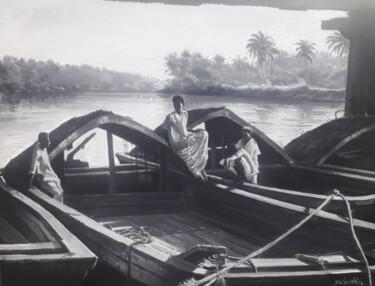 Painting titled "River Boats" by Nilantha Vidanarachchi, Original Artwork, Acrylic Mounted on Wood Stretcher frame