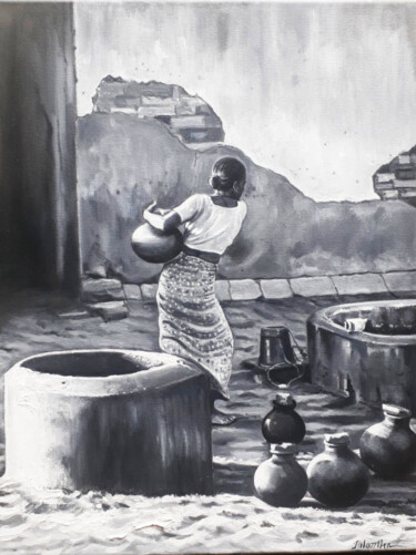 Painting titled "At the Water Well" by Nilantha Vidanarachchi, Original Artwork, Acrylic Mounted on Wood Stretcher frame