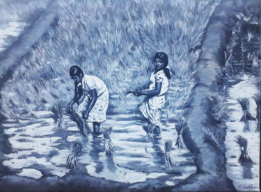 Ζωγραφική με τίτλο "Harvesting Season" από Nilantha Vidanarachchi, Αυθεντικά έργα τέχνης, Ακρυλικό Τοποθετήθηκε στο Ξύλινο φ…
