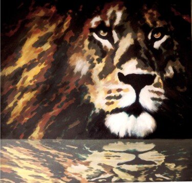 Painting titled "Lion en Majesté" by Nina Beddar, Original Artwork, Acrylic Mounted on Wood Stretcher frame