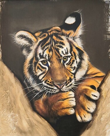 Malerei mit dem Titel "Jeune tigre" von Nina Beddar, Original-Kunstwerk, Öl Auf Keilrahmen aus Holz montiert