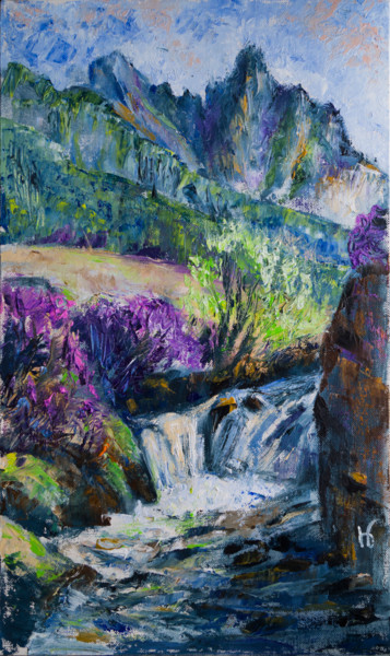 Painting titled "Spring waterfall on…" by Nina Belanova, Original Artwork, Oil