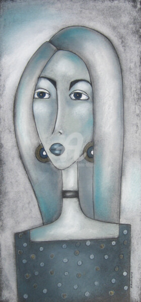 Σχέδιο με τίτλο "Frau in blau" από Nina Boos, Αυθεντικά έργα τέχνης, Κιμωλία