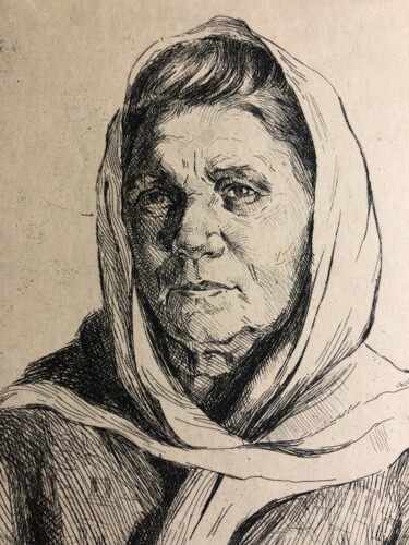 Gravures & estampes intitulée "Grandmother in a He…" par Nina Bozhko, Œuvre d'art originale, Eau-forte