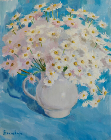 Painting titled "Bouquet of daisies" by Nina Ezerskaya, Original Artwork, Oil Mounted on Wood Stretcher frame