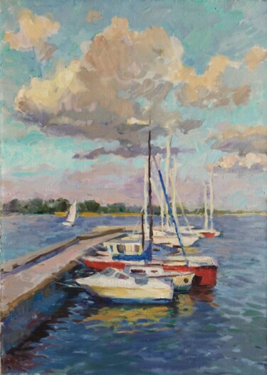 Painting titled "Boats" by Nina Ezerskaya, Original Artwork, Oil Mounted on Wood Stretcher frame
