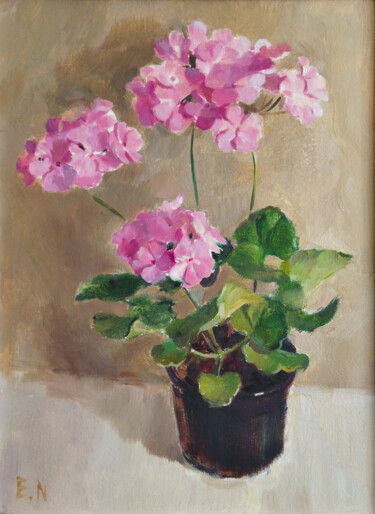 Painting titled "Pelargonium" by Nina Ezerskaya, Original Artwork, Oil