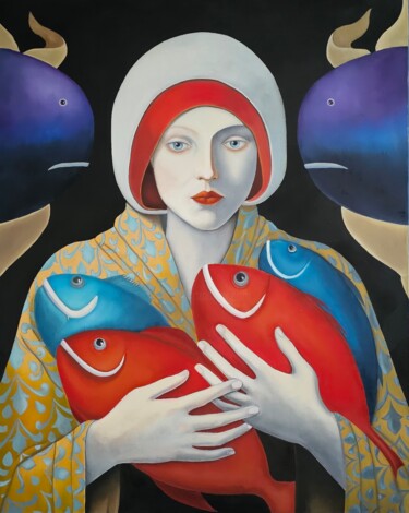Painting titled "Maid with fishes" by Nina Grighel, Original Artwork, Oil Mounted on Wood Stretcher frame