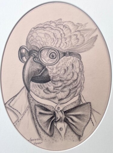 Pintura intitulada "Parrot" por Nina Grighel, Obras de arte originais, Lápis Montado em Cartão