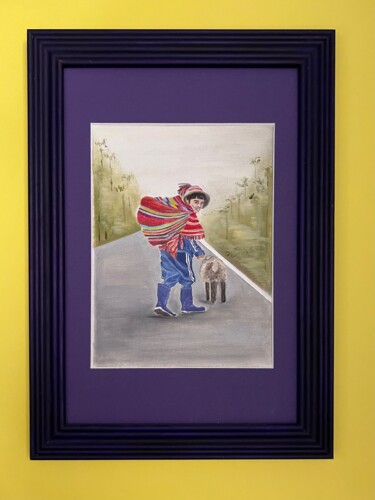 Schilderij getiteld "The Peruvian child 2" door Nina Grighel, Origineel Kunstwerk, Olie Gemonteerd op Frame voor houten bran…