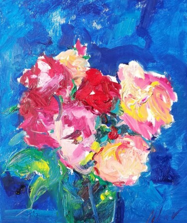Peinture intitulée "Roses sur fond bleu" par Nina Karapetyan Michel (NKAR), Œuvre d'art originale, Huile Monté sur Châssis e…