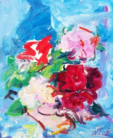 Pintura titulada "Roses sur bleu clai…" por Nina Karapetyan Michel (NKAR), Obra de arte original, Oleo